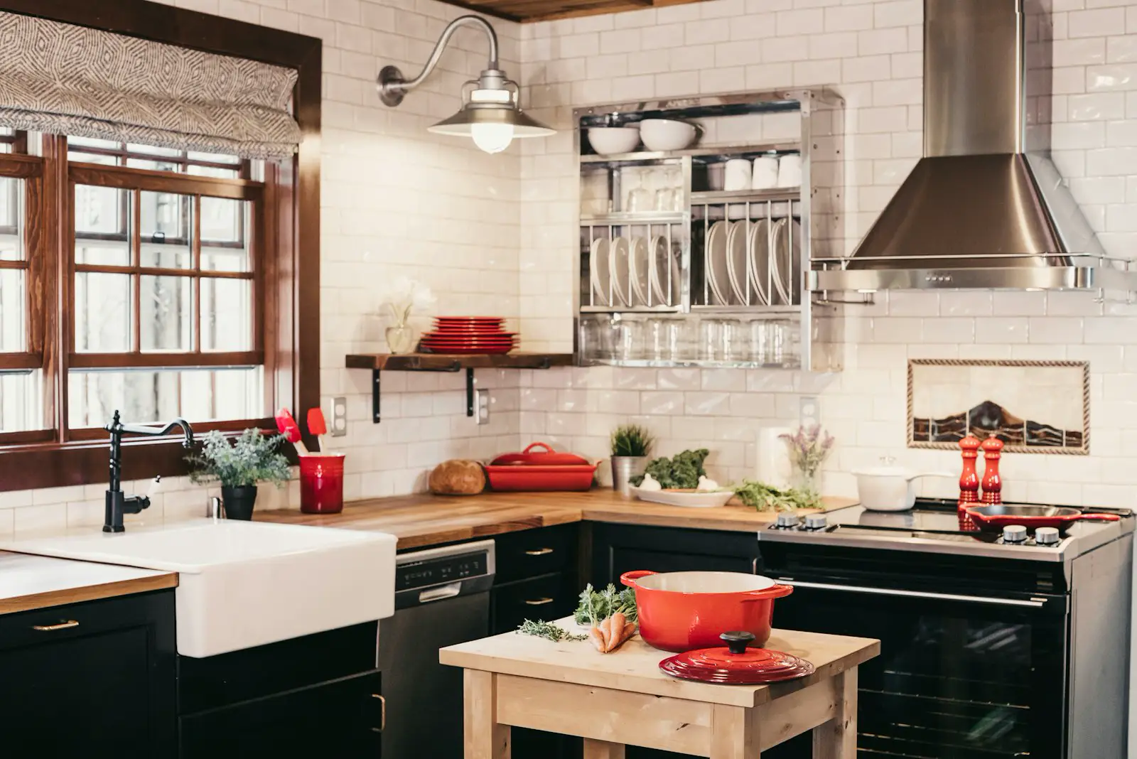 Black cabinets, wood counters, and a farmhouse sink. Shown on the No bump-out page for St. Petersburg, FL.